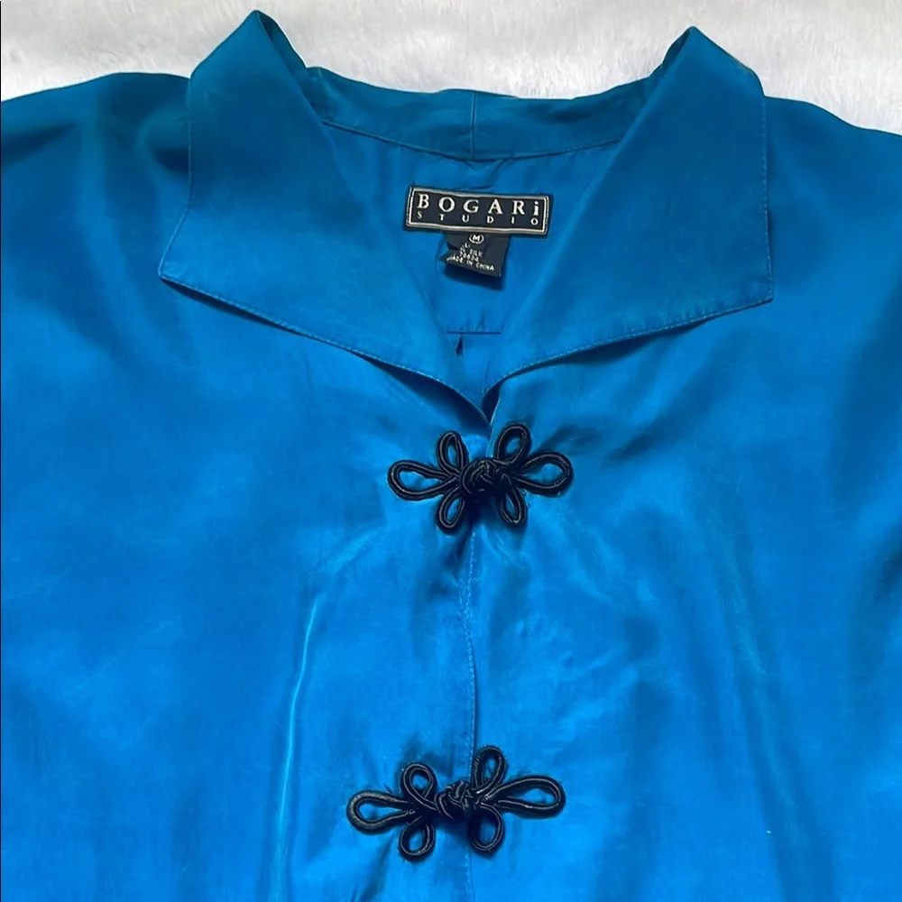 100% Silk Blue Silk Blouse with Knot Buttons - Picture 2 of 16